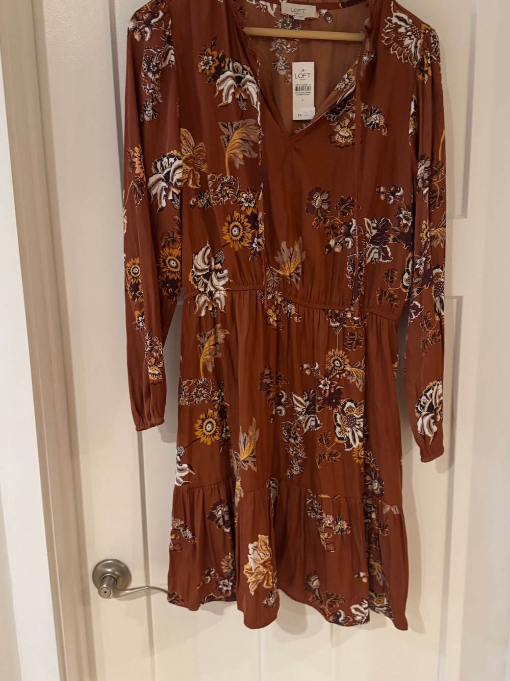 LOFT Rust Floral Long-Sleeve Tiered Dress